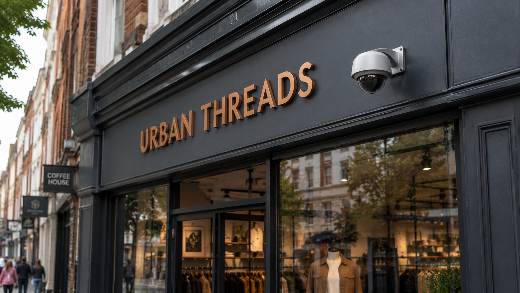 Retail shopfront with dome CCTV camera above entrance
